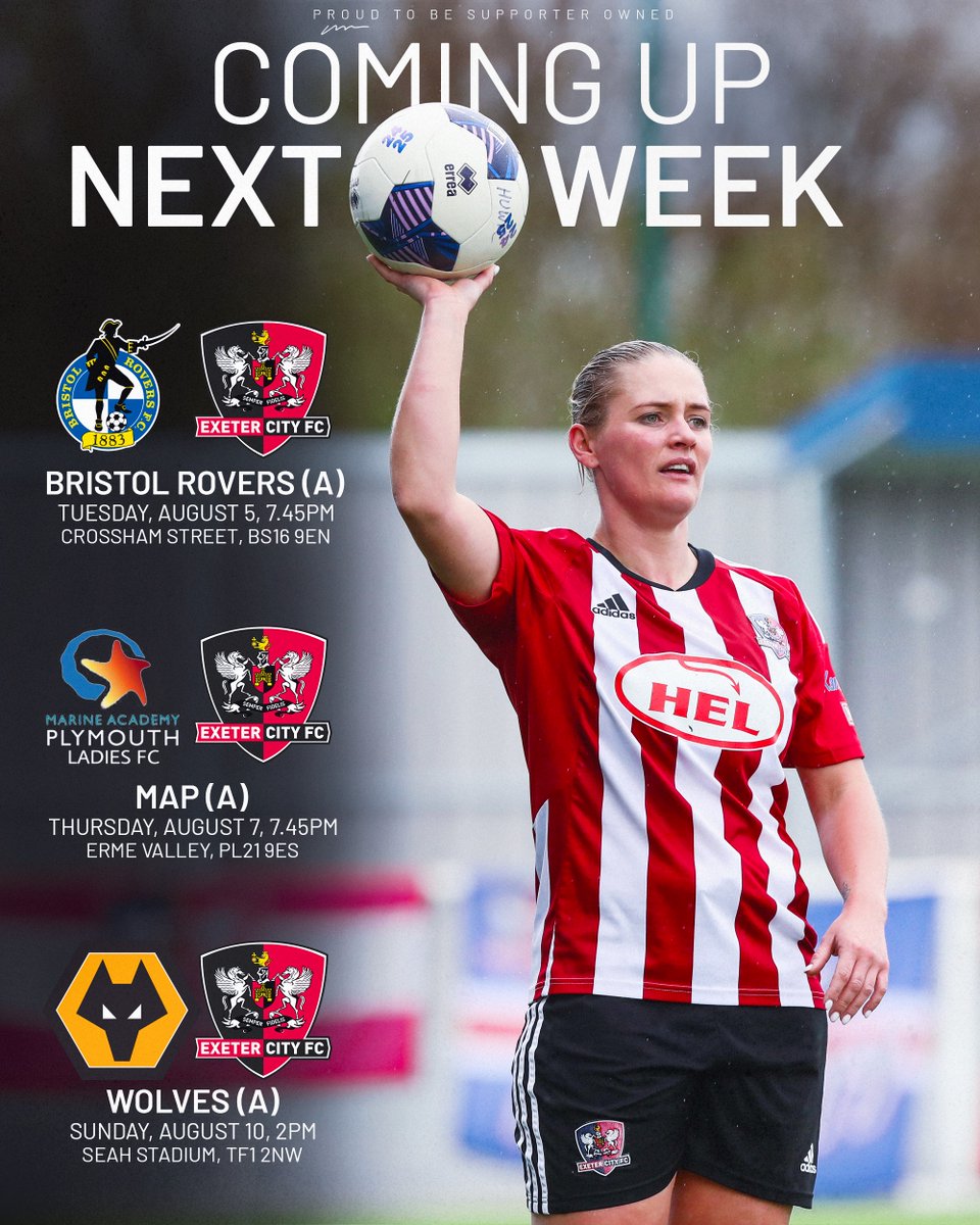 Exeter City Women FC (@exetercitywfc) on Twitter photo 🗓️ Three friendly matches in six days coming up next week!
1️⃣ <a href="/Official_BRWFC/">Bristol Rovers Women</a> on Tuesday
2️⃣ <a href="/MAPLFC/">MAPLFC</a> on Thursday
3️⃣ <a href="/WolvesWomen/">Wolves Women FC</a> on Sunday
#ECFC 🗓️ Three friendly matches in six days coming up next week!
1️⃣ <a href="/Official_BRWFC/">Bristol Rovers Women</a> on Tuesday
2️⃣ <a href="/MAPLFC/">MAPLFC</a> on Thursday
3️⃣ <a href="/WolvesWomen/">Wolves Women FC</a> on Sunday
#ECFC