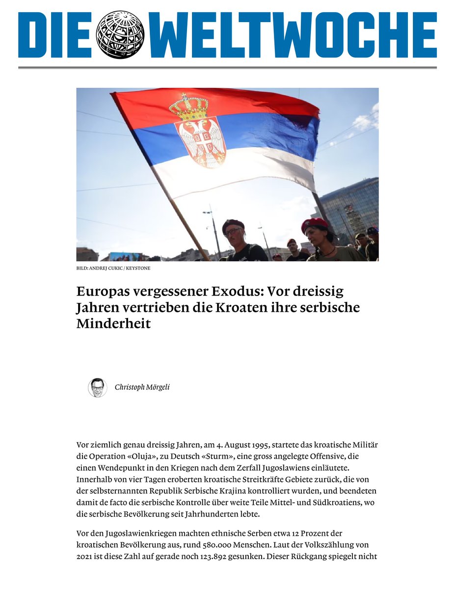 SRBinSwiss's tweet photo. 30 years ago, Operation Storm led to the largest exodus of Serbs in Europe since World War II. Between 200,000 and 250,000 Serbs were forced to flee their homes, many died, and villages were systematically destroyed. The @weltwoche publication encourages a broad and empathetic reflection on this tragedy: https://t.co/dHXJjdmK81

Special thanks to Mr. @ChrMoergeli for preserving the memory of the suffering of Serbs during one of the darkest moments in the modern history of Europe. Remembering the victims is essential for justice and reconciliation.

 #Oluja #Storm #Exodus1995 #EthnicCleansing #NeverForget