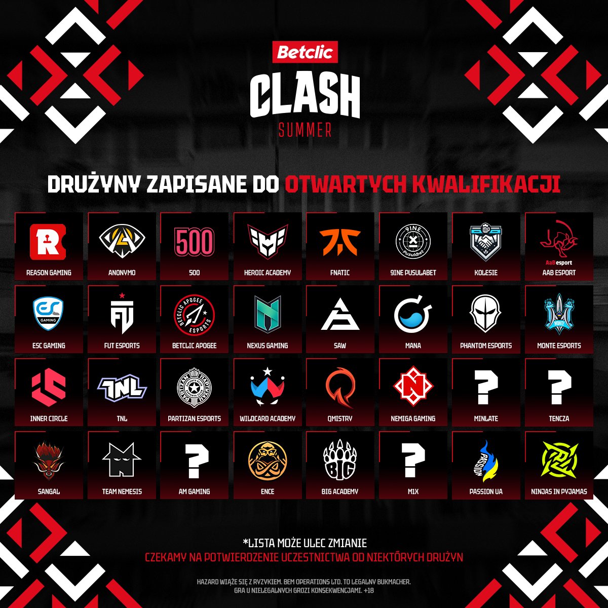 Przed wami 32 drużyny, które zapisały się do otwartych kwalifikacji Betclic Clash Summer!

Czekamy na oficjalne potwierdzenie udziału od części ekip. Niedługo dowiemy się, kto ostatecznie wskoczy do gry! 🫡