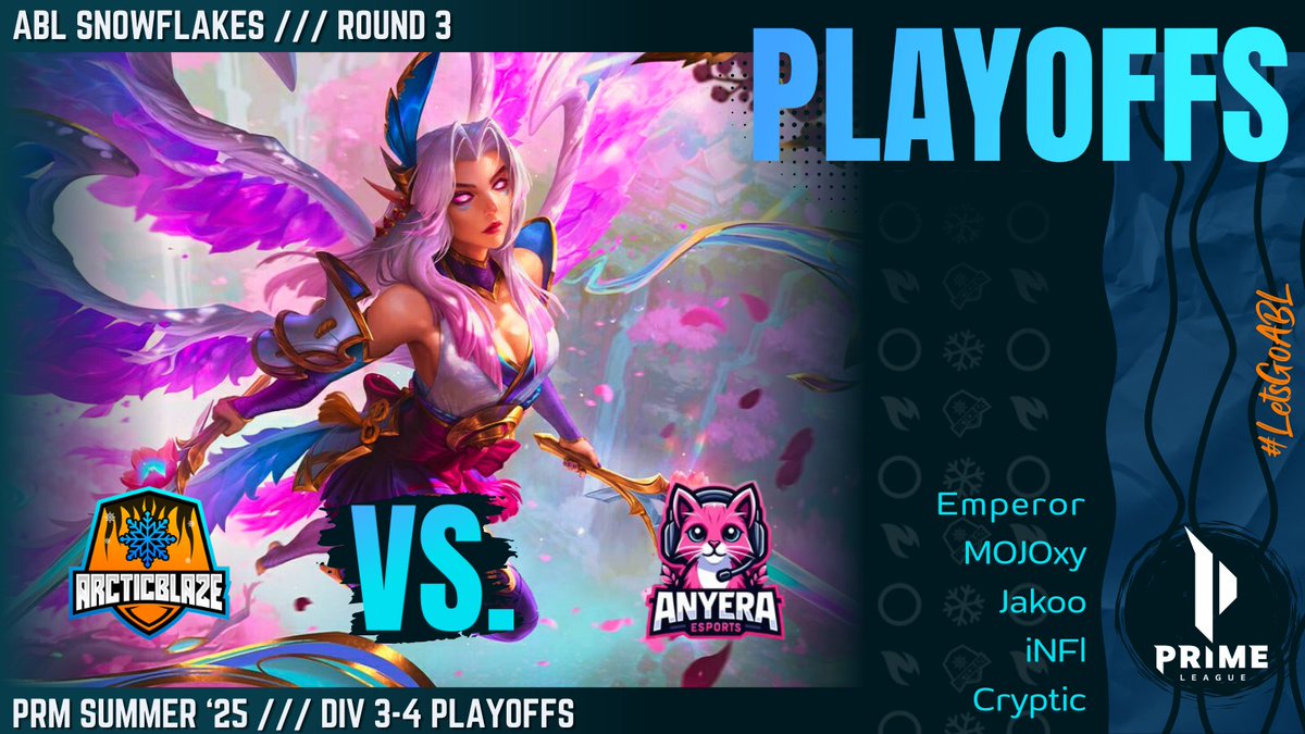 ArcticBlaze βοΈ (@teamarcticblaze) on Twitter photo βοΈ #PrimeLeague PLAYOFFS GAME 3οΈβ£
π₯ #ArcticBlaze Snowflakes π <a href="/AnyeraEsports/">Anyera Esports</a> βοΈ
π Time: 14:00 CET
π€ Cast: <a href="/Kunjutsu/">Saikunju</a>
πΊ Twitch π TeamArcticBlaze (German)
βοΈ Emperor | <a href="/LFT_emperor/">ABL emperor</a>
ποΈ MOJOxy | <a href="/mojoxylol/">mojoxy</a>
β‘οΈ Jakoo | <a href="/EinJakoo/">Jakooπ</a>
βοΈ iNFl
π Cryptic | <a href="/cryptic__vision/">Felix</a>
#LetsGoABL βοΈ #PrimeLeague PLAYOFFS GAME 3οΈβ£
π₯ #ArcticBlaze Snowflakes π <a href="/AnyeraEsports/">Anyera Esports</a> βοΈ
π Time: 14:00 CET
π€ Cast: <a href="/Kunjutsu/">Saikunju</a>
πΊ Twitch π TeamArcticBlaze (German)
βοΈ Emperor | <a href="/LFT_emperor/">ABL emperor</a>
ποΈ MOJOxy | <a href="/mojoxylol/">mojoxy</a>
β‘οΈ Jakoo | <a href="/EinJakoo/">Jakooπ</a>
βοΈ iNFl
π Cryptic | <a href="/cryptic__vision/">Felix</a>
#LetsGoABL