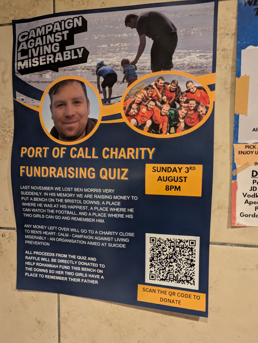 Joining a Charity quiz tonight fundraising in memory of the late Thunderer Ben Morris, all proceeds towards a Memorial Bench on The Downs so his girls can remember him and <a href="/theCALMzone/">CALM</a>