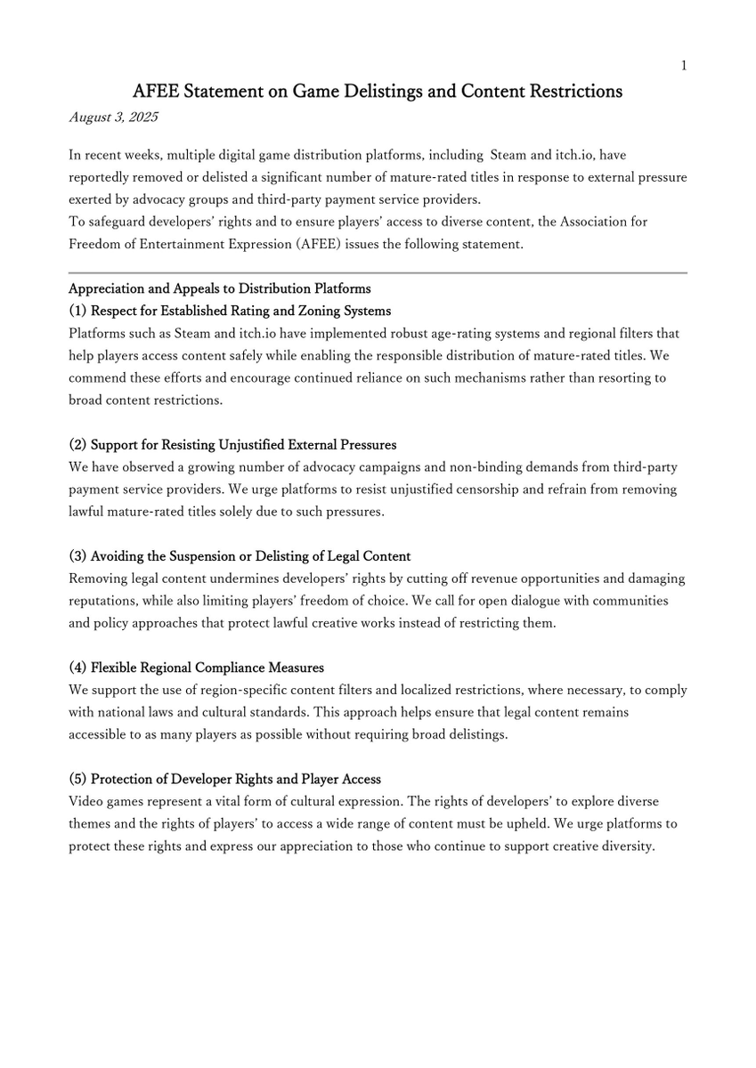 AFEEjp's tweet photo. AFEE has released an official English statement addressing recent censorship and delisting of games on major platforms. We stand for freedom of expression and user choice. Read the full statement here: https://t.co/9e9188qd2B https://t.co/5MG2LwBkWl