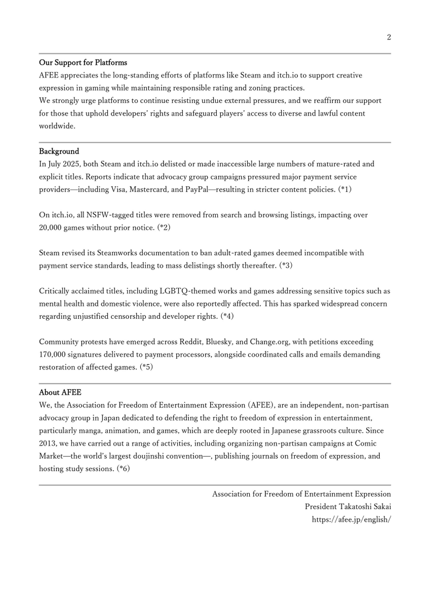 AFEEjp's tweet photo. AFEE has released an official English statement addressing recent censorship and delisting of games on major platforms. We stand for freedom of expression and user choice. Read the full statement here: https://t.co/9e9188qd2B https://t.co/5MG2LwBkWl