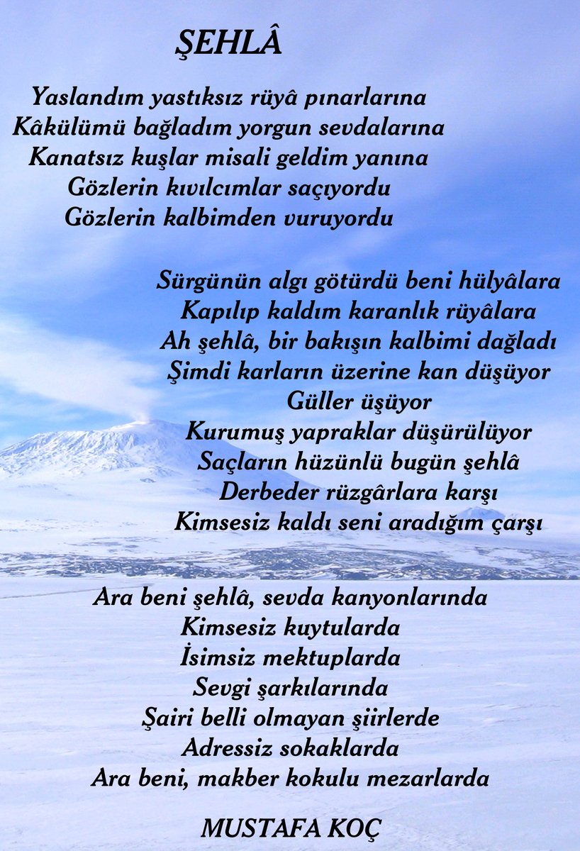 "Sürgünün algı götürdü beni hülyâlara
Kapılıp kaldım karanlık rüyâlara
Ah şehlâ, bir bakışın kalbimi dağladı
Şimdi karların üzerine kan düşüyor
Güller üşüyor
Kurumuş yapraklar düşürülüyor
Saçların hüzünlü bugün şehlâ
Derbeder rüzgârlara karşı"

Şehlâ - Mustafa Koç