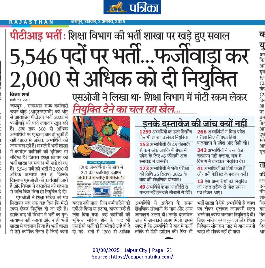 पीटीआई भर्ती : 2 हजार से अधिक अभ्यर्थी फर्जी। शिक्षा विभाग की भर्ती शाखा पर सवाल। बिना दस्तावेज जांच कैसे दे दी नियुक्ति। एसओजी ने कहा था लेनदेन कर दी जा रही नियुक्ति फिर भी भर्ती शाखा पर शिक्षा विभाग मेहरबान। हर भर्ती में उन्ही कार्मिकों को जिम्मेदारी। 
<a href="/RajCMO/">CMO Rajasthan</a> <a href="/madandilawar/">Madan Dilawar</a>