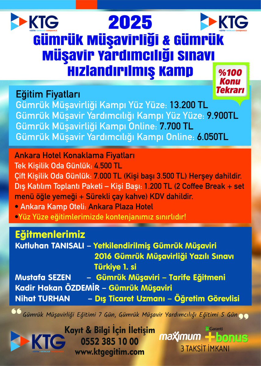KTGEgitim's tweet photo. 📚 2025 Gümrük Müşavirliği ve Yardımcılığı Sınavı için hızlandırılmış kamp başlıyor!

✅ %100 konu tekrarı
✅ Yüz yüze &amp; online seçenekler
✅ Alanında uzman eğitmen kadrosu

📌 Kontenjanlar sınırlı, geç kalma!

#ktg #gümrükmüşavirliği #ygm2025 #eğitimkampı #sınavhazırlık #mevzuat https://t.co/zZcrkeri5x
