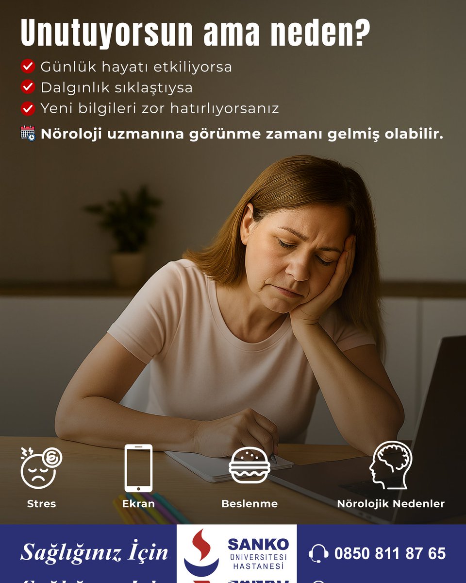 Unutuyorsun ama neden?
❌Günlük hayatı etkiliyorsa
❌Dalgınlık sıklaştıysa
❌Yeni bilgileri zor hatırlıyorsanız
📅Nöroloji uzmanına görünme zamanı gelmiş olabilir.
#sankohastanesitr #nörolojiktedavi #nöroloji