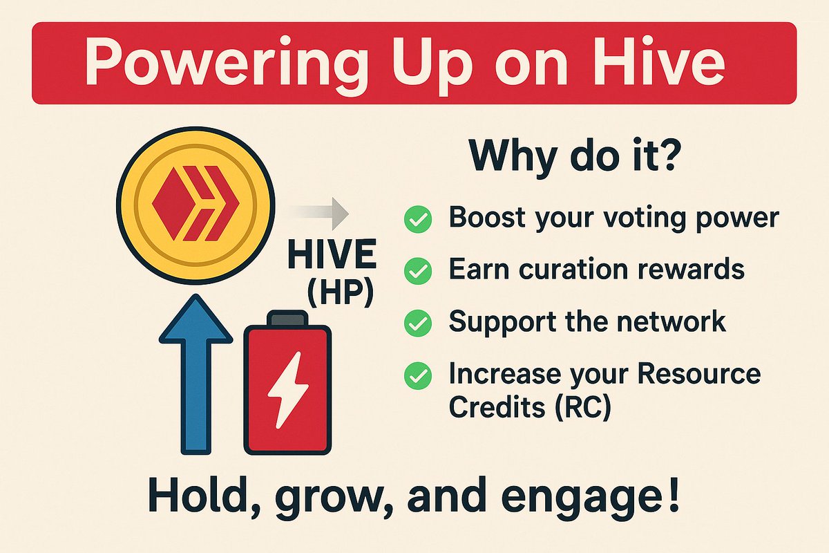 What is Powering Up on Hive?

🔼 Powering up means converting $HIVE into Hive Power (HP).
Why do it?
✅ Boost your voting power
✅ Earn curation rewards
✅ Support the network
✅ Increase your Resource Credits (RC)
Hold, grow, and engage!
#PowerUp #HiveTips #CryptoEducation #Hive