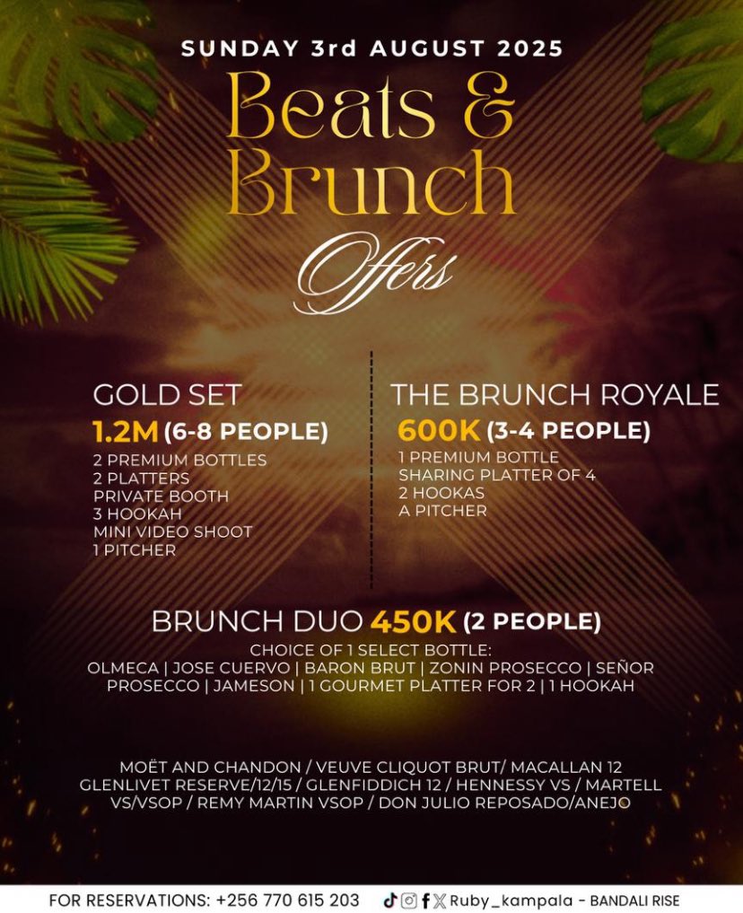 Catch Beats &amp; Brunch today at <a href="/Ruby_Kampala/">RUBY Wines & Tapas</a> starting at 2 PM! Enjoy a delicious brunch paired with chill vibes and smooth tunes from <a href="/DJHeydez256/">DJ Heydez(256) Kampala's Funkiest Deejay....</a>, <a href="/djtenyis/">DJ Tenyis</a>, <a href="/nellysting/">Dj Nellysting</a>, and <a href="/edwizzyselekta/">edwizzy selekta</a>. 🍴🎵