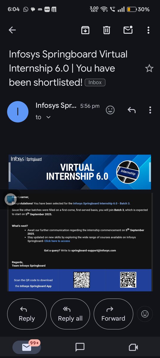 SMishra61's tweet image. Exciting news! I&apos;ve been selected for the Infosys Springboard Virtual Internship 6.0. Grateful for this opportunity from @InfySpringboard and ready to kickstart my journey on Sep 5, 2025. Time to learn and grow! 💻
#InfosysSpringboard #Internship2025