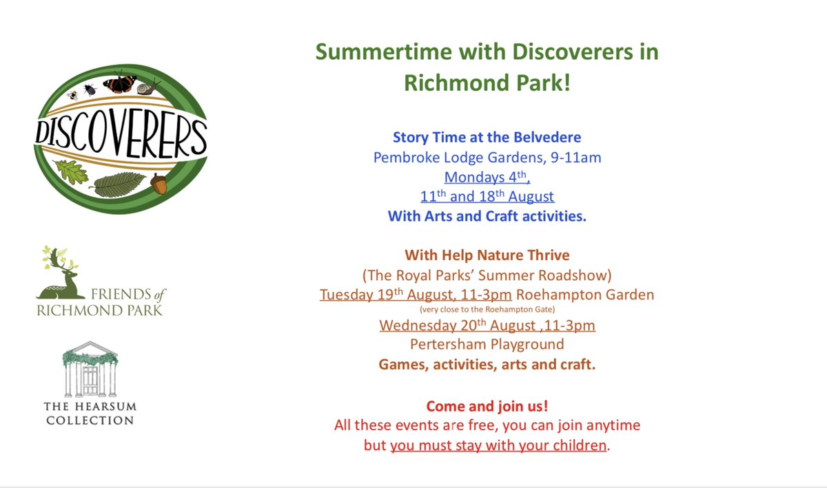 Spend the summer with your children  in Richmond Park! Remember the first free Story Time event with our Friends of Richmond Park Discoverers for children is tomorrow, Monday 4th August, in Pembroke Lodge Gardens- details below.