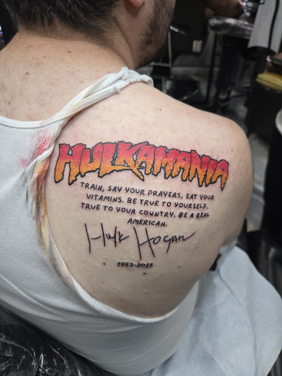 rfranzese723's tweet photo. @HulkHogan just got this done. My childhood hero passes away. R.I.P. HULKSTER. REAL AMERICAN HULKAMANIAC 4 LIFE https://t.co/SQcMuNRsVA