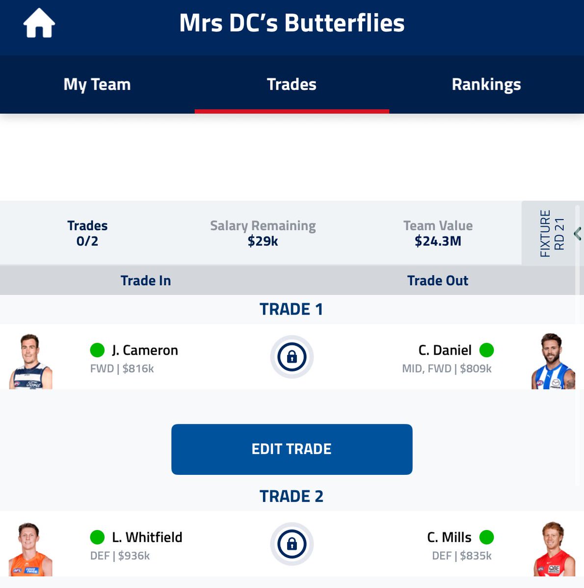 MRS___DC's tweet photo. Had a plan for Macrae if he was a late out… And not one for Rozee. Not a good week for the Butterflies. 🥲 https://t.co/vMAgF72Ebg
