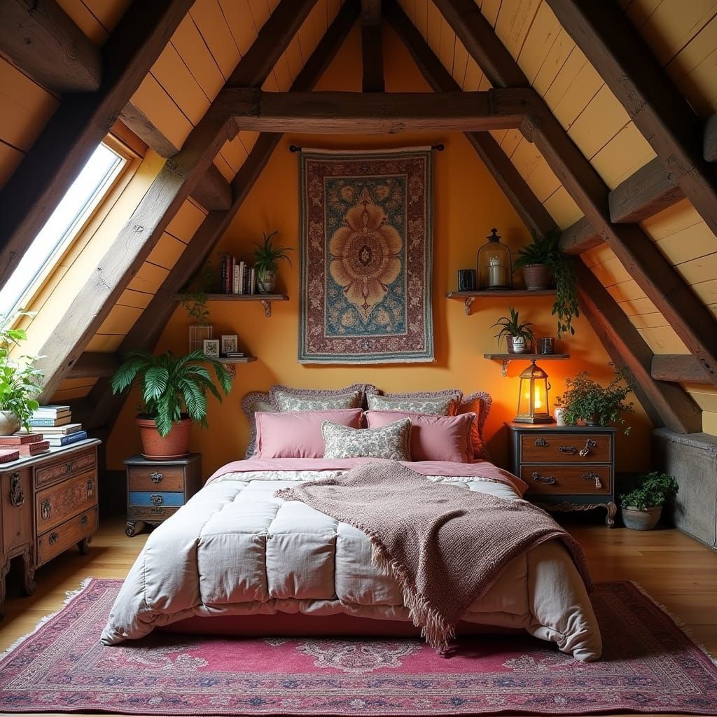 enchantedho's tweet photo. 🧡 Alpine Boho Attic Bedroom
A cozy mix of bohemian textiles and chalet architecture, this bedroom features warm ochre walls, vintage furniture, and layered rugs—perfect for mountain dreaming. 🏔️
Would you sleep here with a book and candlelight? ✨
#BohoStyle #InteriorDesign https://t.co/RIpR8qnmm0
