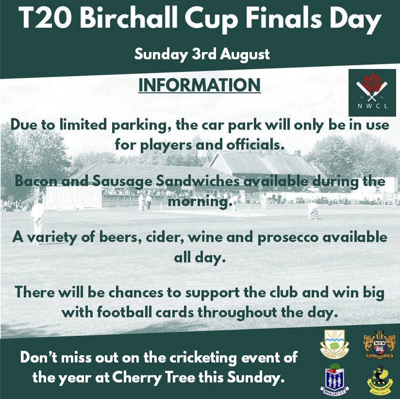 CherryTreeClub's tweet photo. SEMI-FINAL SCHEDULE:
Semi 1: Cherry Tree v @ReadCricketClub (10.30am)
Semi 2: @ribbwanderers v @whalleycc (1.30pm)

FINAL:
TBC v TBC (4.30pm)

There will be entertainment, food, drink and good competitive cricket all day.

DON’T MISS OUT https://t.co/lxx38ps293