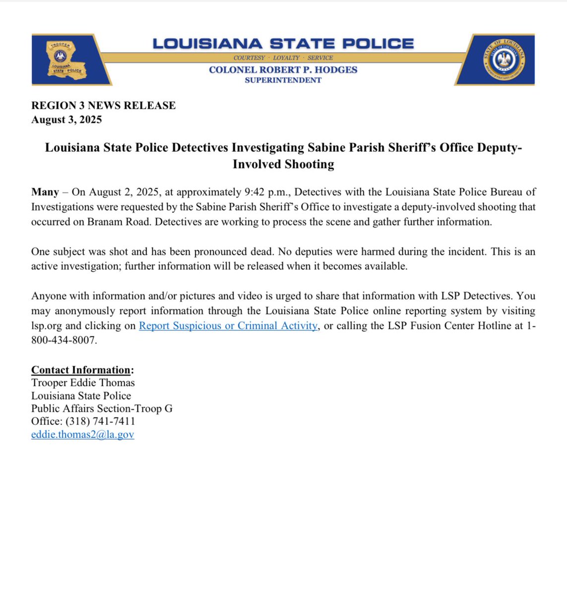 Louisiana State Police Detectives Investigating Sabine Parish Sheriff’s Office Deputy-Involved Shooting