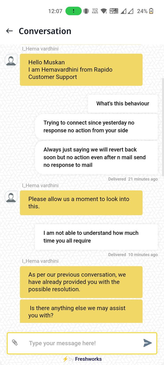 MMittal07's tweet photo. @RapidoCares @rapidobikeapp @rapidobikeapp @RapidoCares see your customer service without listening and any solution they are closing the chat from their side .see your executive named @hemavardhini https://t.co/Z1Y3aEER3l