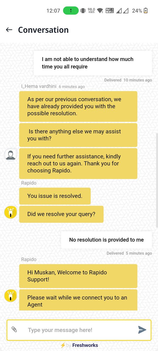 MMittal07's tweet photo. @RapidoCares @rapidobikeapp @rapidobikeapp @RapidoCares see your customer service without listening and any solution they are closing the chat from their side .see your executive named @hemavardhini https://t.co/Z1Y3aEER3l