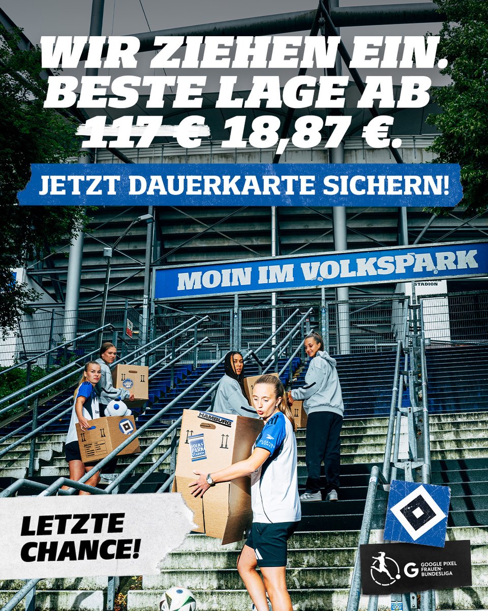 𝙉𝙪𝙧 𝙣𝙤𝙘𝙝 𝙝𝙚𝙪𝙩𝙚 ‼️

Sichert euch jetzt eure Dauerkarte für alle 13 Heimspiele der HSV-Frauen im Volksparkstadion mit dem Frühbucherrabatt schon ab 18,87 €. 🎟️

Zum Shop ➡️bit.ly/HSVFrauen_Daue…

#nurderHSV