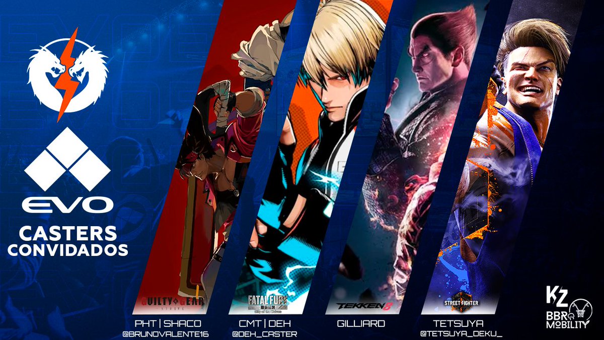 kombatzonefgc's tweet photo. A Kombat Zone vai cobrir e narrar o Top 8 da EVO 2025 com convidados especiais!

Guilty Gear Strive: @BrunoValente16 
Fatal Fury: @Deh_Caster 
Tekken 8: GILLIARD
Street Fighter 6: @Tetsuya_Deku_ 

Art by: @akashirkz_ 

#EVO2025 #FGC #KombatZone https://t.co/A4nmwVoLgX