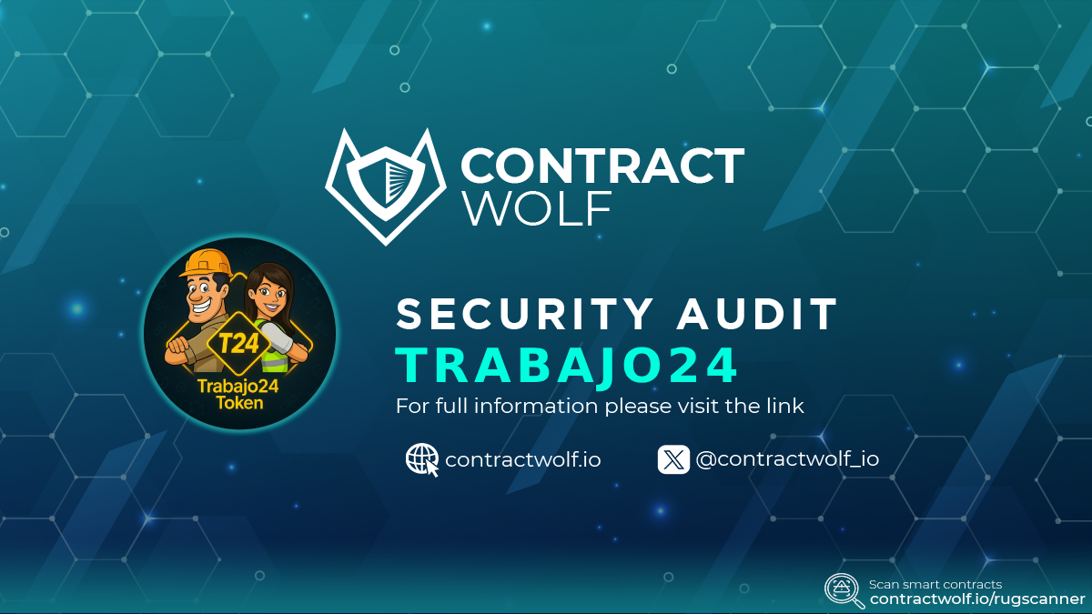 ContractWolf (@contractwolf_io) on Twitter photo ContractWolf gladly announces the final report of smart contract audit for <a href="/T24_Token/">Trabajo24 Token | Launched</a>
Request a quote
contractwolf.io/audit
🛡Check the full audit report
contractwolf.io/projects/traba…
#ContractWolf #SmartContract #SecurityAudit ContractWolf gladly announces the final report of smart contract audit for <a href="/T24_Token/">Trabajo24 Token | Launched</a>
Request a quote
contractwolf.io/audit
🛡Check the full audit report
contractwolf.io/projects/traba…
#ContractWolf #SmartContract #SecurityAudit