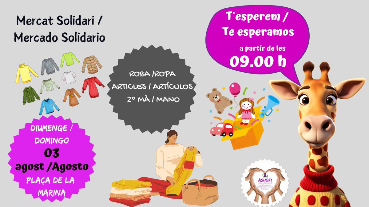 Avui estarem fent un Mercat de 2ª mà a la Plaça de la Marina (davant del Búho). Us esperem de 09.00 a 14.00 h!!!

Hoy estaremos haciendo un Mercado de 2ª mano en la Plaza de la Marina (frente al Búho). Os esperamos de 09.00 a 14.00 h!!!