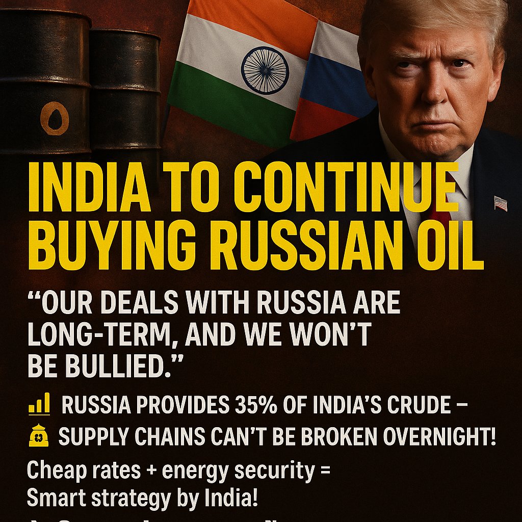 MdArif_Dev's tweet image. 🇮🇳 India to continue buying Russian oil despite Trump’s pressure!
📉 Russia supplies 35% of India’s crude — deals can’t be broken overnight.
🛢️ Long-term contracts + cheap rates = Energy security.
🔥 India stands firm: “We won’t be bullied.”
#IndiaFirst #OilPolitics #ModiStrategy