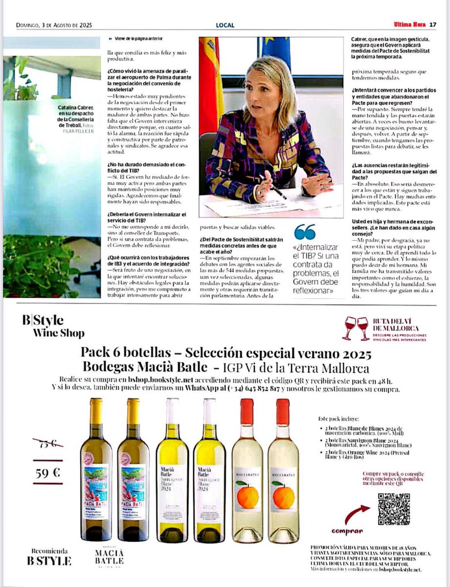 PP Balears (@ppbalears) on Twitter photo Diàleg social, aposta pel benestar laboral de les persones treballadores, el desenvolupament de la llei de Conciliació o del Pacte per la Sostenibilitat per la transformació de les Illes Balears.
🗞️ Entrevista a la nova consellera de <a href="/TreballGOIB/">TreballGOIB</a> <a href="/cabrer_catalina/">Catalina Cabrer</a> a <a href="/UHmallorca/">Ultima Hora Mallorca</a>: Diàleg social, aposta pel benestar laboral de les persones treballadores, el desenvolupament de la llei de Conciliació o del Pacte per la Sostenibilitat per la transformació de les Illes Balears.
🗞️ Entrevista a la nova consellera de <a href="/TreballGOIB/">TreballGOIB</a> <a href="/cabrer_catalina/">Catalina Cabrer</a> a <a href="/UHmallorca/">Ultima Hora Mallorca</a>: