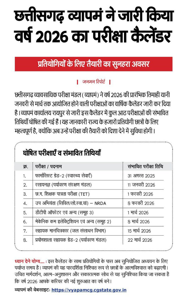 KalikaMr's tweet photo. 🔴छत्तीसगढ़ व्यावसायिक परीक्षा मंडल द्वारा अगस्त 2025 से 2026 जनवरी माह से मार्च माह के बीच आयोजित होने वाली भर्ती परीक्षा योग्य अभ्यर्थियों के लिए बेहतर अवसर है योजनाबद्ध एवं सुनियोजित तरीके से आप तैयारी कर सकते है ।

परीक्षाएं एवं संभावित तिथि https://t.co/sUw9IQbf1u