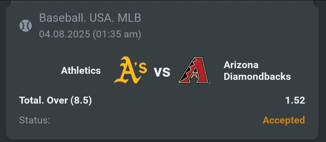 A3RBET's tweet photo. MLB
Oakland Athletics vs Arizona Diamondbacks
My pick: Total Over 8.5 @ 1.52
Both teams showing power bats & suspect pitching lately recent matchups hit double digits. Expect fireworks
#MLB #Athletics #Diamondbacks #Over8_5 #BaseballBetting #HighScoringGame #BettingTips https://t.co/AoAmSc5DHX