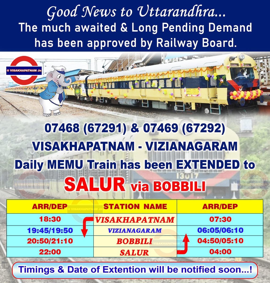 Rajesh26479788's tweet image. @DRMWaltairECoR 
It's Celebration time🎉🎊
Saluru people are you ready for 2nd Anniversary celebrations. 
On 11/08/2025 Visakhapatnam-Salur memo completes successful 2 years
Don't worry we will wait 10 more years like this, Salute to Railways
#Parvathipurammanyam #Salur #VSKP
