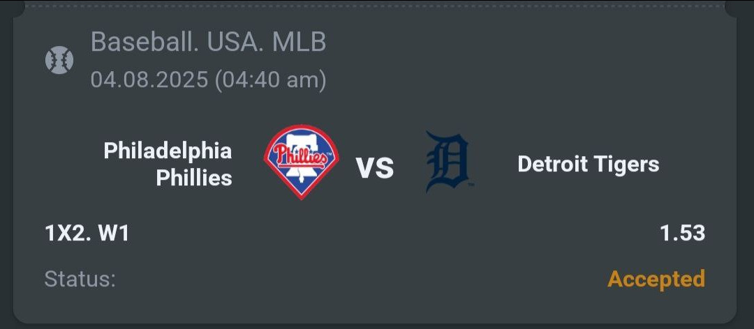 A3RBET's tweet photo. MLB
Philadelphia Phillies vs Detroit Tigers
My pick: Phillies Win (W1) at 1.53 odds
Confident in their home dominance & strong lineup.
#MLB #Baseball #SportsBetting #Phillies #DetroitTigers #BettingTips #MLBPicks #Baseball2025 https://t.co/BvLeqDSMvi