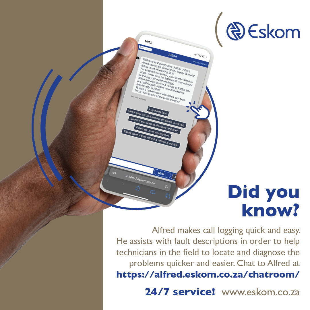 Eskom_SA's tweet photo. Alfred streamlines call logging and provides fault descriptions to assist technicians in the field in locating and diagnosing problems quickly and easily. Talk to Alfred on WhatsApp at 0860 037 566 or visit https://t.co/vYE65yRH9c  

#Eskom https://t.co/R5VLnGQz15