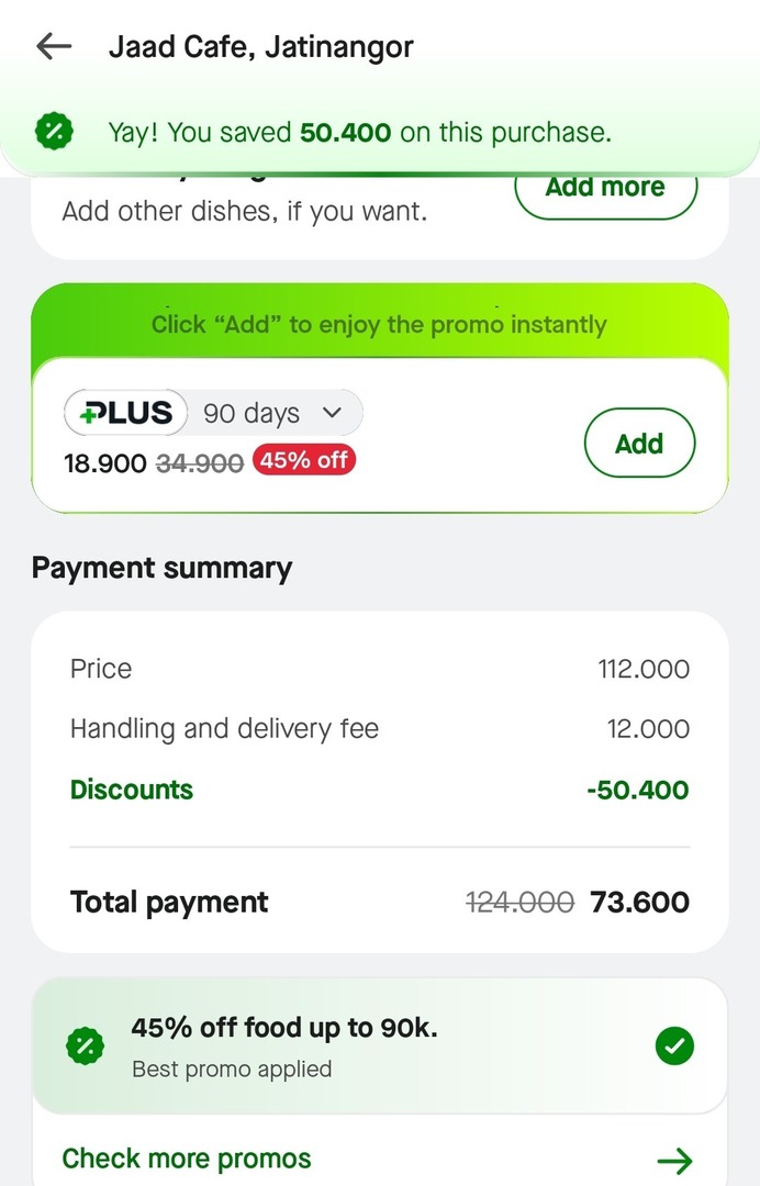 Pad! DI GOJEK JAAD CAFE LAGI DISKON GEDE AMPE 50K CUYYY 😭😭😭

Tadi lagi bandingin harga di shopeefood sama gofood, ternyata di Gofood diskonnta gede batt broo. Kami ketagihan sama butterscotch nyaa 🤤 tapi panas kalau siang gini ke jaad, jadi delivery aja. 

btw ini 7 item