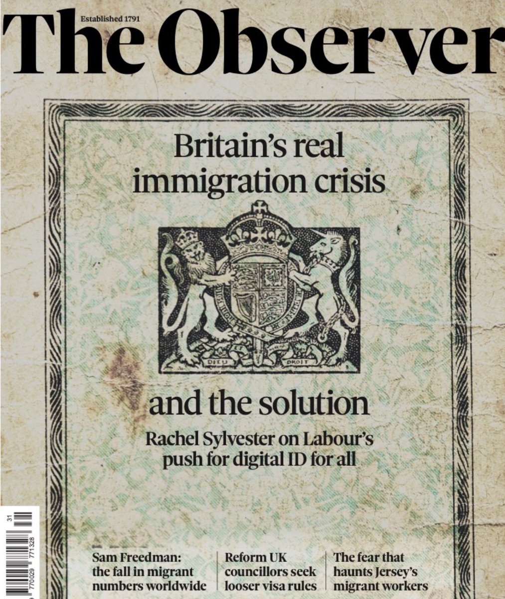💣 front page of the Observer today.
“Keir is leading on it… Digital ID is foundational.”

We warned you it was coming. And now it’s here.

A state-backed Digital ID system is the missing link and the final piece, in a control structure that includes the Online Safety Act and