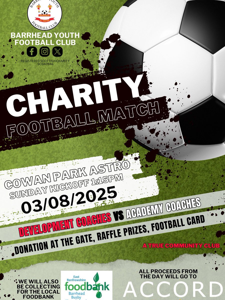 barrheadyouthfc's tweet photo. It's game day!!!! 
Our BYFC Development coaches vs our BYFC Academy coaches.
All for the Accord Hospice and East Renfrewshire Foodbank, and of course the year long bragging rights. 
Come down and support your favourite coaches and please give generously to our local community https://t.co/m9KbmbCqla