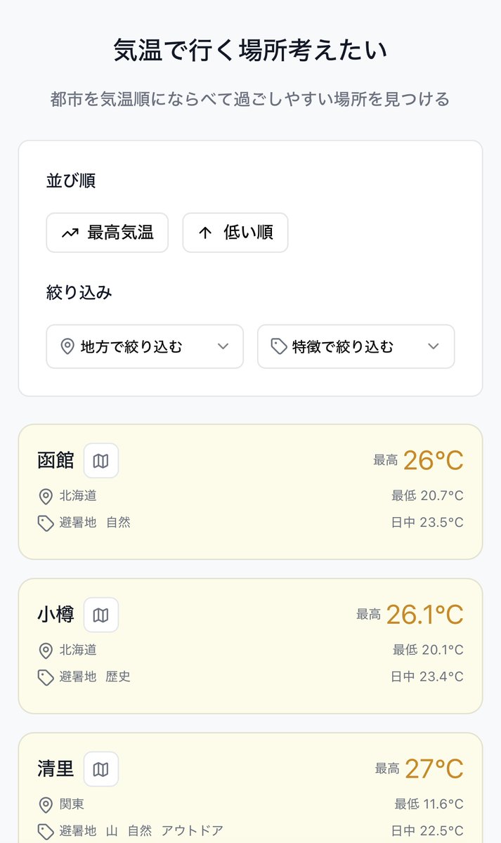 site_oh's tweet photo. 都市を気温順にならべて過ごしやすい場所を見つけるページを作った

https://t.co/CFrxpB5x3W https://t.co/rPsM53aoW0