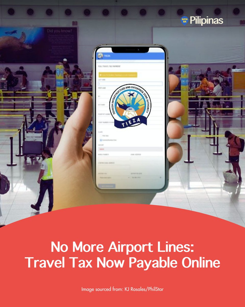 ditosapinas1's tweet image. No more airport hassle! Travelers can now pay the Philippine travel tax online via the eGovPH Super App or eTravel platform. Faster, easier, and queue-free! 

#TravelTaxOnline #eGovPH #DitoSaPilipinas