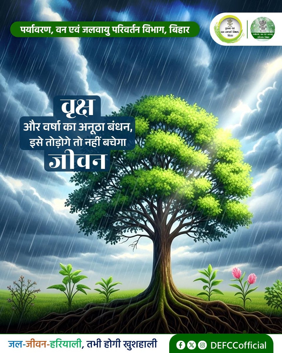 DEFCCOfficial's tweet photo. वृक्ष और वर्षा का रिश्ता है जीवनदायक 🌳🌧️
अगर इस बंधन को तोड़ा, तो जीवन संकट में होगा।
आइए, पेड़ लगाएं, पर्यावरण बचाएं।
#defccofficia #जलजीवनहरियाली #वृक्ष_बचाओ #पर्यावरण_संरक्षण #GreenBihar #DEFCCBihar https://t.co/2DtTtAIWzr