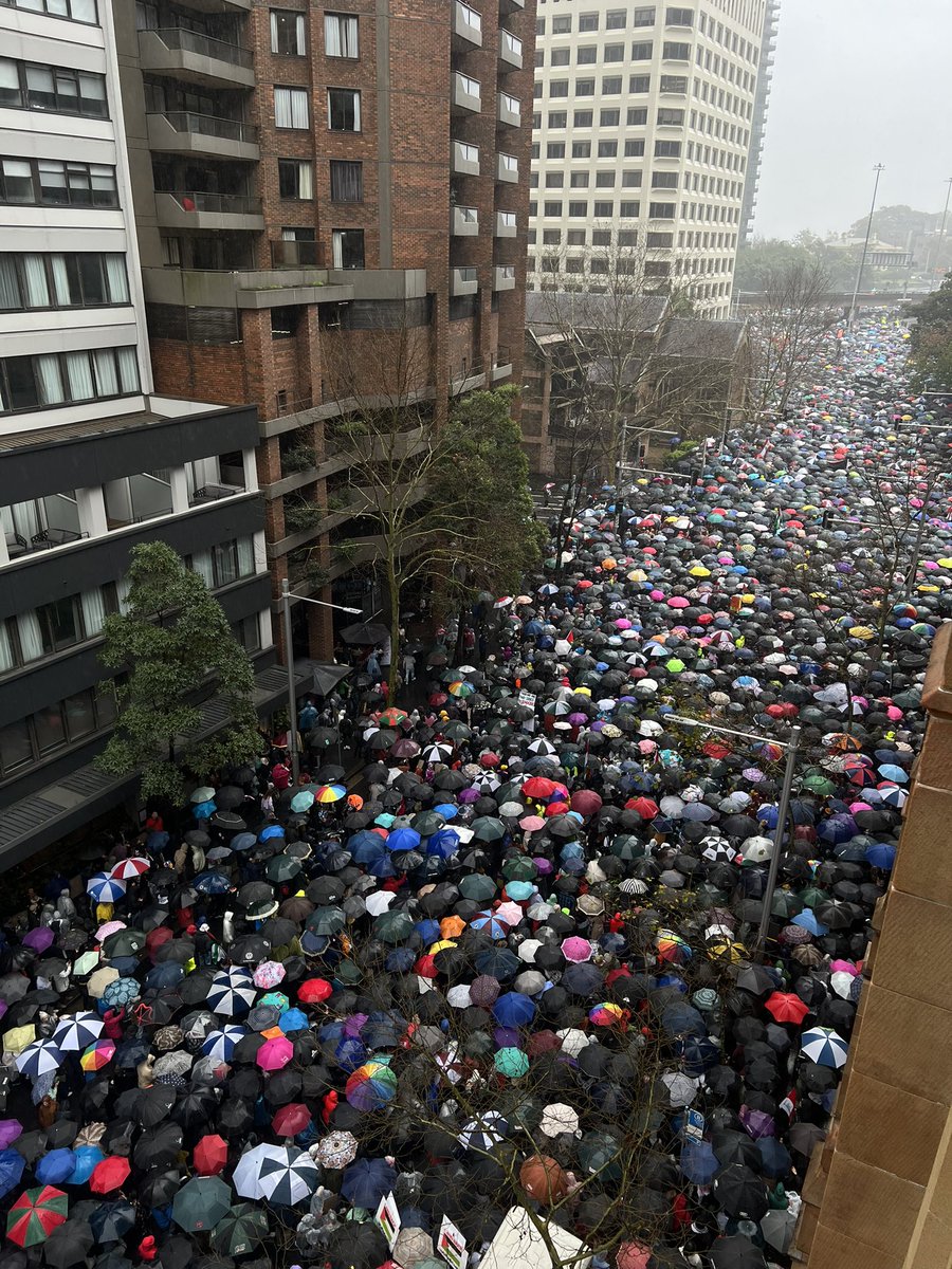 AlanRMacLeod's tweet image. Incredible scenes right now in Sydney 🇦🇺, as hundreds of thousands people brave the terrible weather to call for an end to the genocide in Gaza 🇵🇸.

They've shut down Sydney Harbour Bridge!