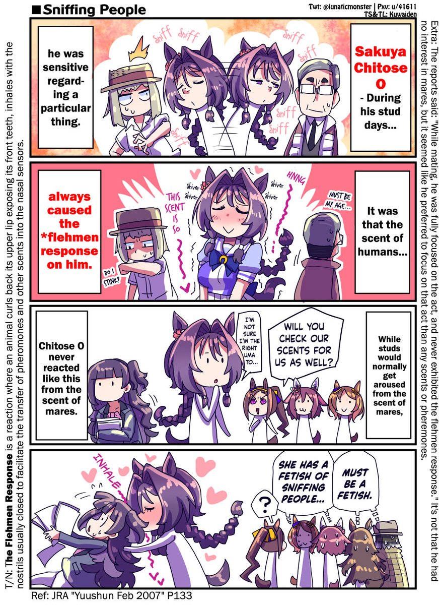 Kuwaiden's tweet photo. The Story of how Sakura Chitose O Also Seemed to Like Sniffing Cats by @lunaticmonster 

With bigger brains, horses learn some very weird behaviors

#ウマ娘 #Umamusume 
#ウマ娘英訳 #UmaTranslations https://t.co/c56gCHinCS