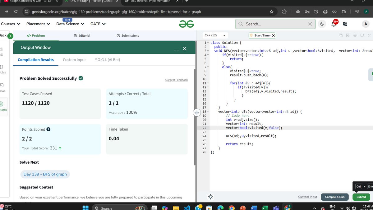 aspiringcode's tweet image. Day 64 of #100DaysOfCode
Day 37 of #gfg160challenge
Back to coding after exams! 💻
Started Graphs with BFS & DFS today — feels great to be back! 😊
If you're learning DSA too, join me! Let’s grow together 🚀
#CodingJourney #CodeNewbie #DSA #GraphTheory #TechTwitter
