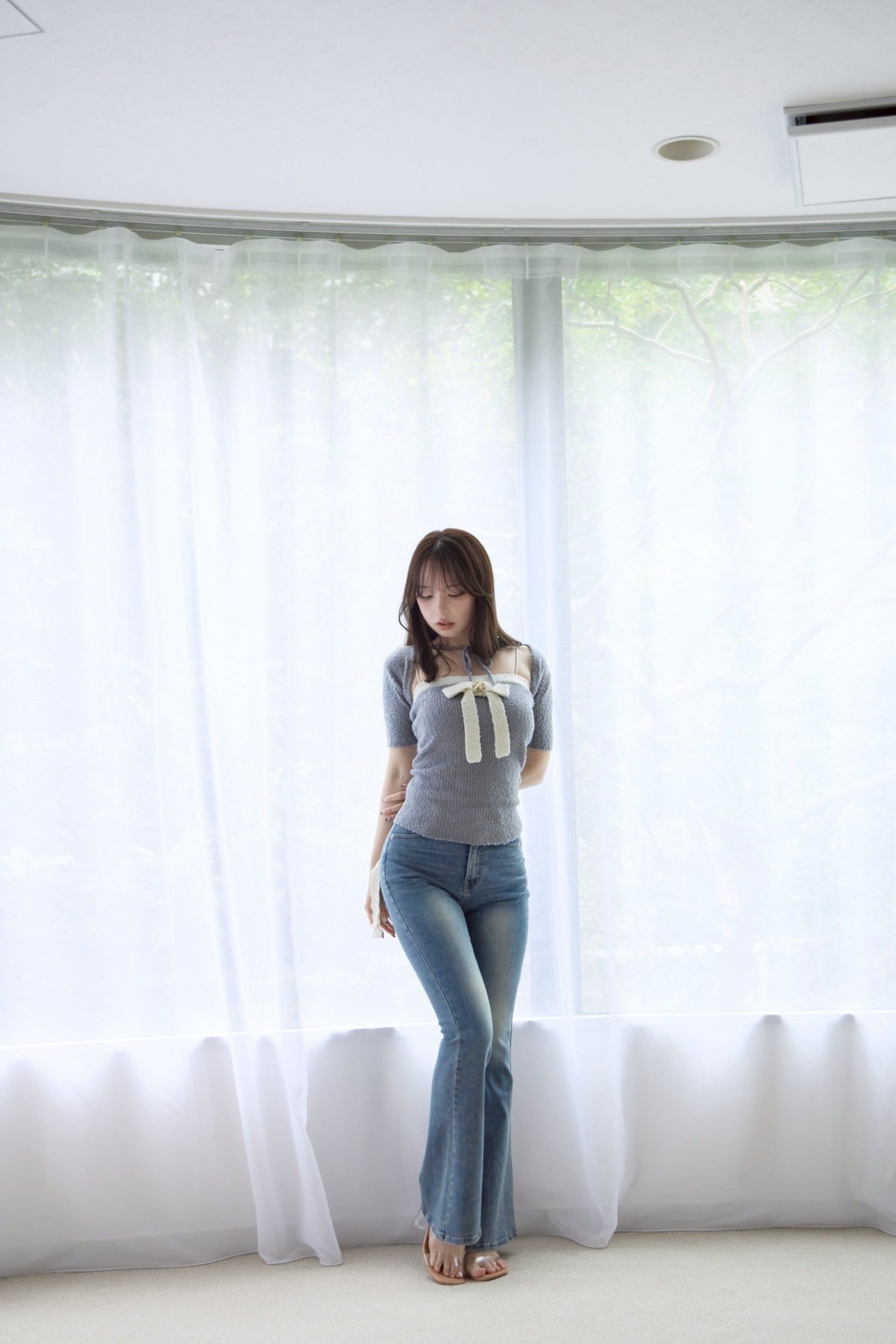 andmary Lacey ribbon denimフレアジーンズ ライトブルー Lacey ribbon denim