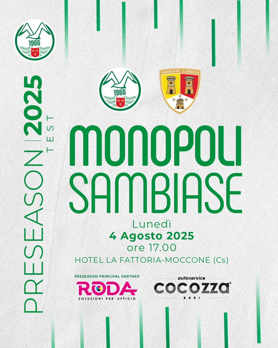Verso il terzo Test Match della stagione!

⚽ Monopoli - Sambiase
⬜ Lunedì 4 agosto 2025, ore 17
🟩 Moccone (Cs) - Hotel La Fattoria

📺 Diretta Tv <a href="/canale7tv/">canale7.tv</a> (canale 78 DTT)