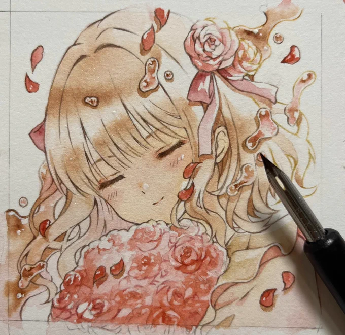 Rose Tea 紅茶に溶けゆく女の子 制作後〜水張り板から切離す直前のの写真です。塗りが終わると水彩を重ねたせいで主線が薄くなってしまった部分につけペンでもう一度線を描き加えてます 9×9cmのフレームレスとして送り出しました! #Sweet_Tea_Selection展2 #透明水彩