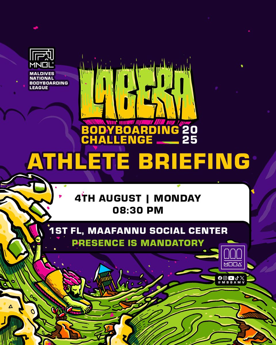 MBBAmv's tweet photo. ATHLETE BRIEFING 🚨
🗓 4th August | Monday
⏰ 08:30 PM
📍1st FL, Maafannu Social Center
🧍♂Smart Casual
#MNBL #MNBL2025 #labera25 #mvbodyboardingleague #MBBA #Bodyboarding #Maldives https://t.co/6cAUY2mDYm