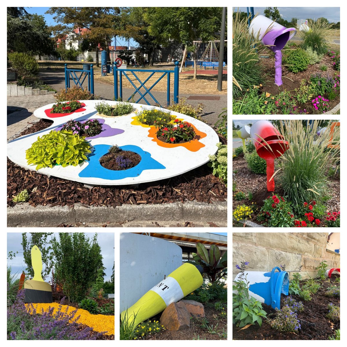 Bonjour 👋. 
🎨✨ Un joli coin de créativité et de couleurs ! Des pots de peinture géants, des pinceaux, une palette fleurie… Un décor original et plein de vie qui embellit les espaces publics avec fantaisie. 🌼🌿
Gros bisous Twittoux 🌞☕💜🧡😘
