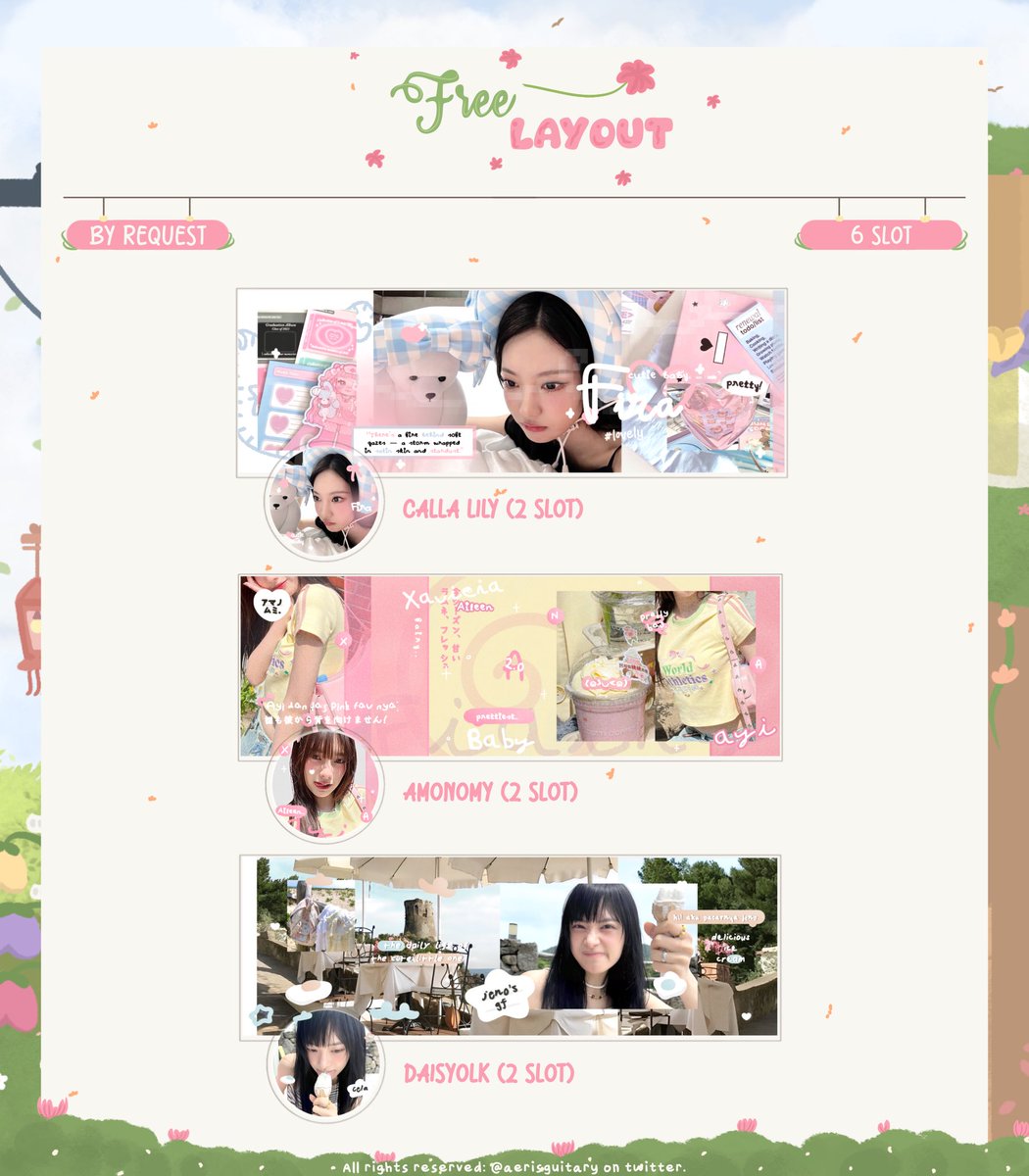 RT will be appreciated! ୨୧

Dalam rangka merayakan ulang tahun Abel Caspian @WegDrijven 🎉🎂 ada 6 SLOT FREE LAYOUT BY REQUEST beberapa katalogku yang bisa kalian jemput hari ini! 
Free layout bisa di claim jam 19.30 WIB via DM.

More info scroll down ⬇️

#zonauang #zonaba