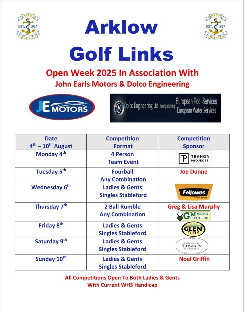 ArklowGolfLinks's tweet photo. Open Week 2025 runs from Mon 4th to Sun 10th Aug. and begins on Mon with a 4 Person Team Event. 
All competition's are open to both Ladies &amp; Gents.

Call 0402 32492 or book in on the BRS.

@ArklowGolfLinks #Golf @DGgolfguide @kevinmarkham https://t.co/PsWcoiVPO9