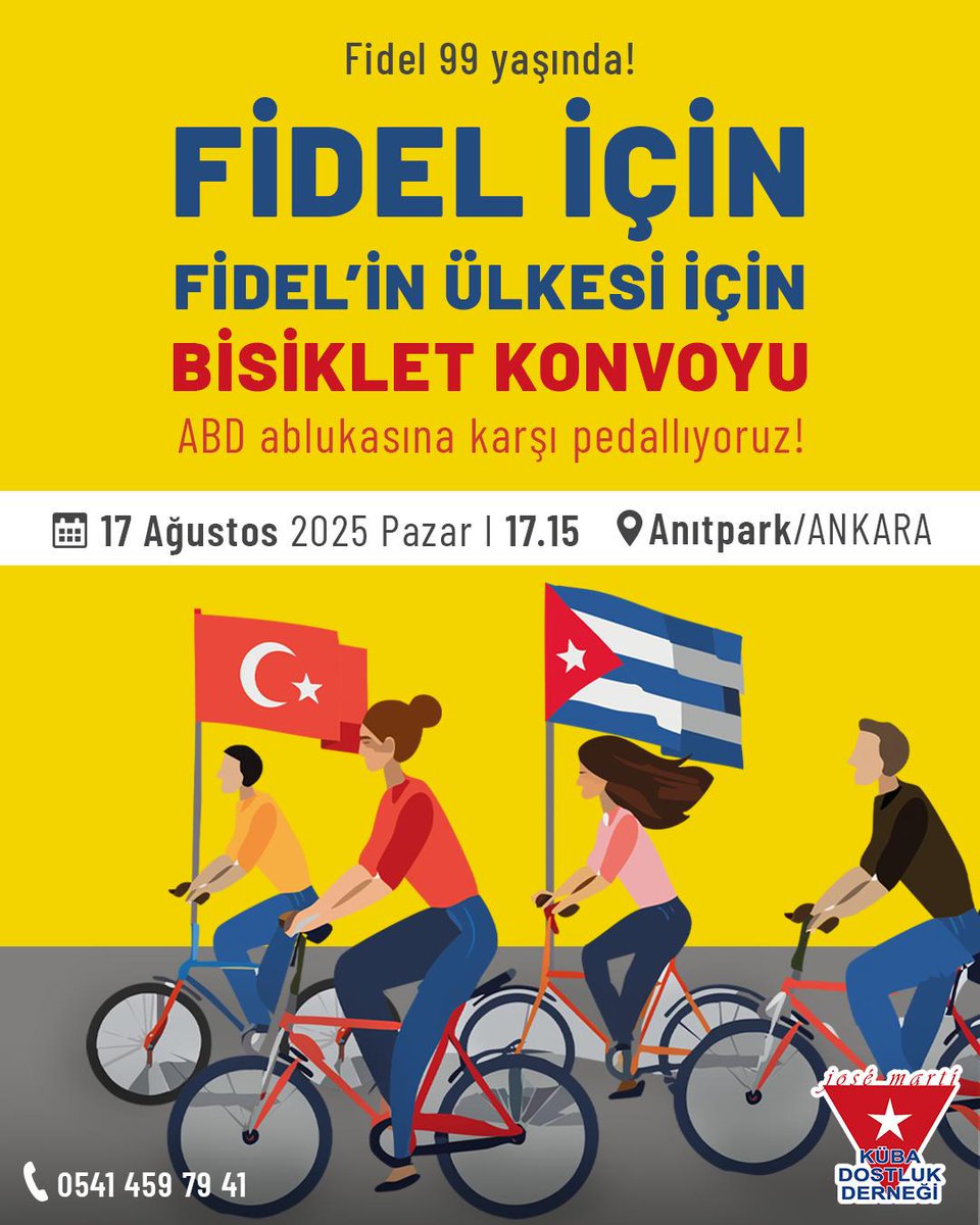 Fidel için Bisiklet Konvoyundayız! 🚴🏻‍♀️🇨🇺🇹🇷🚴🏻‍♂️

Comandante Fidel Castro'nun 99. doğum yıldönümünde Küba Cumhuriyeti Ankara Büyükelçiliği'yle birlikte düzenlediğimiz bisiklet konvoyuna davetlisiniz!

Küba için ablukaya karşı bisikletinle gel ve konvoyumuza katıl!